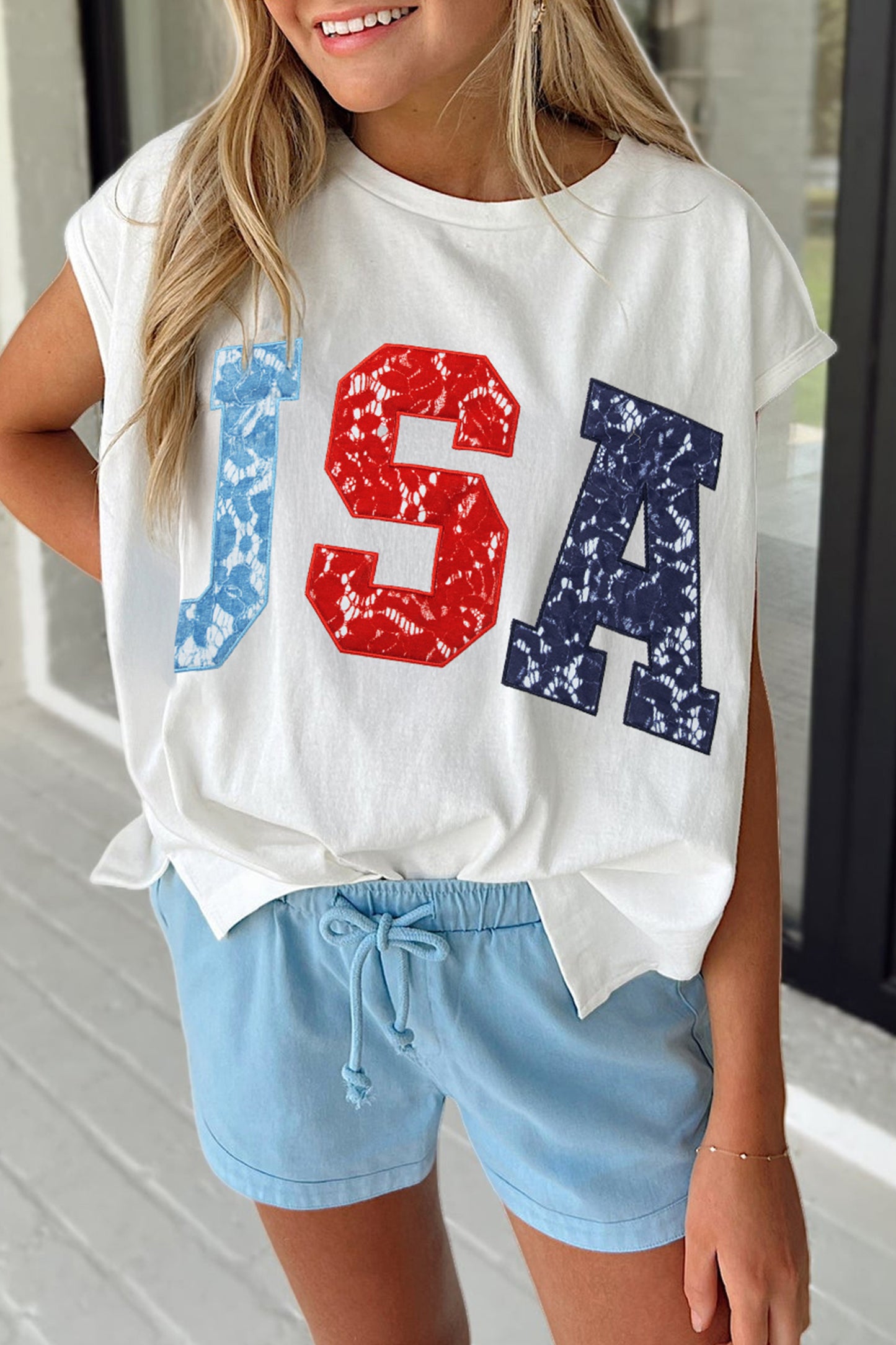 White USA Color Block Letter Printed Dolman Tee - Snoopy's Closet