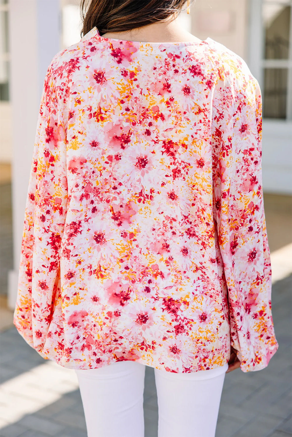 Pink Ditsy Floral Bubble Sleeve V Neck Blouse - Snoopy's Closet