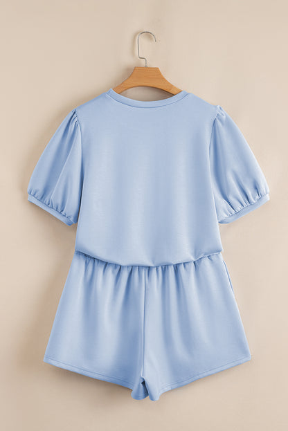 Beau Blue Puff Sleeve Pearl Embellished Scallop Trim Top 2 Piece Skort Set - Snoopy's Closet