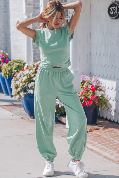 Moonlight Jade Solid Color Cropped Tank Top and Jogger Pants Set - Snoopy's Closet