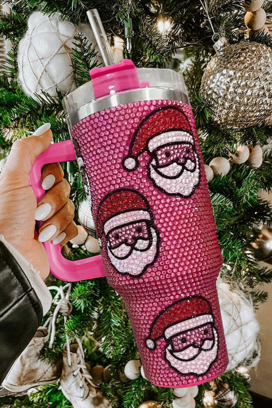 Vaso Termo Diamantado de Papá Noel de Navidad Rojo Rosa con Pajita de 40oz