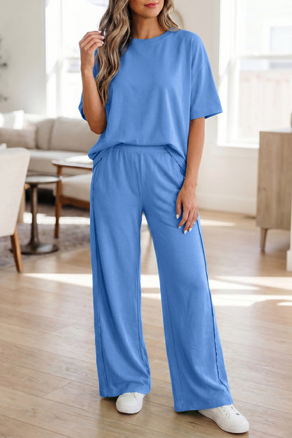 Sky Blue Solid Cover Oversize Tee Pocketed Casual Pants 2pcs Outfit - Snoopy's Closet