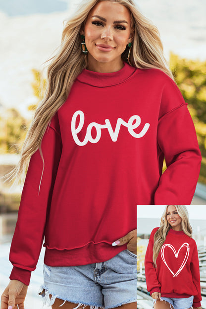 Racing Red Valentines Day Heart Love Script Reversible Printed Double Wear Mock Neck Sweatshirt - Snoopy's Closet