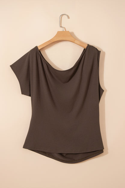 Coffee Plus Size Solid Color Asymmetric Neck Short Sleeve Blouse - Snoopy's Closet