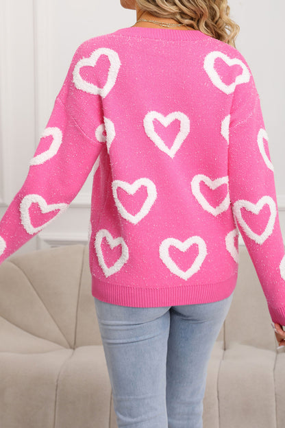Suéter Rosa Rojo con Estampado de Corazones de Chenilla para el Día de San Valentín