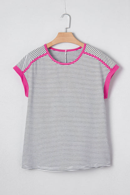 Rose Stripe Contrast Trim Round Neck Summer T Shirt - Snoopy's Closet