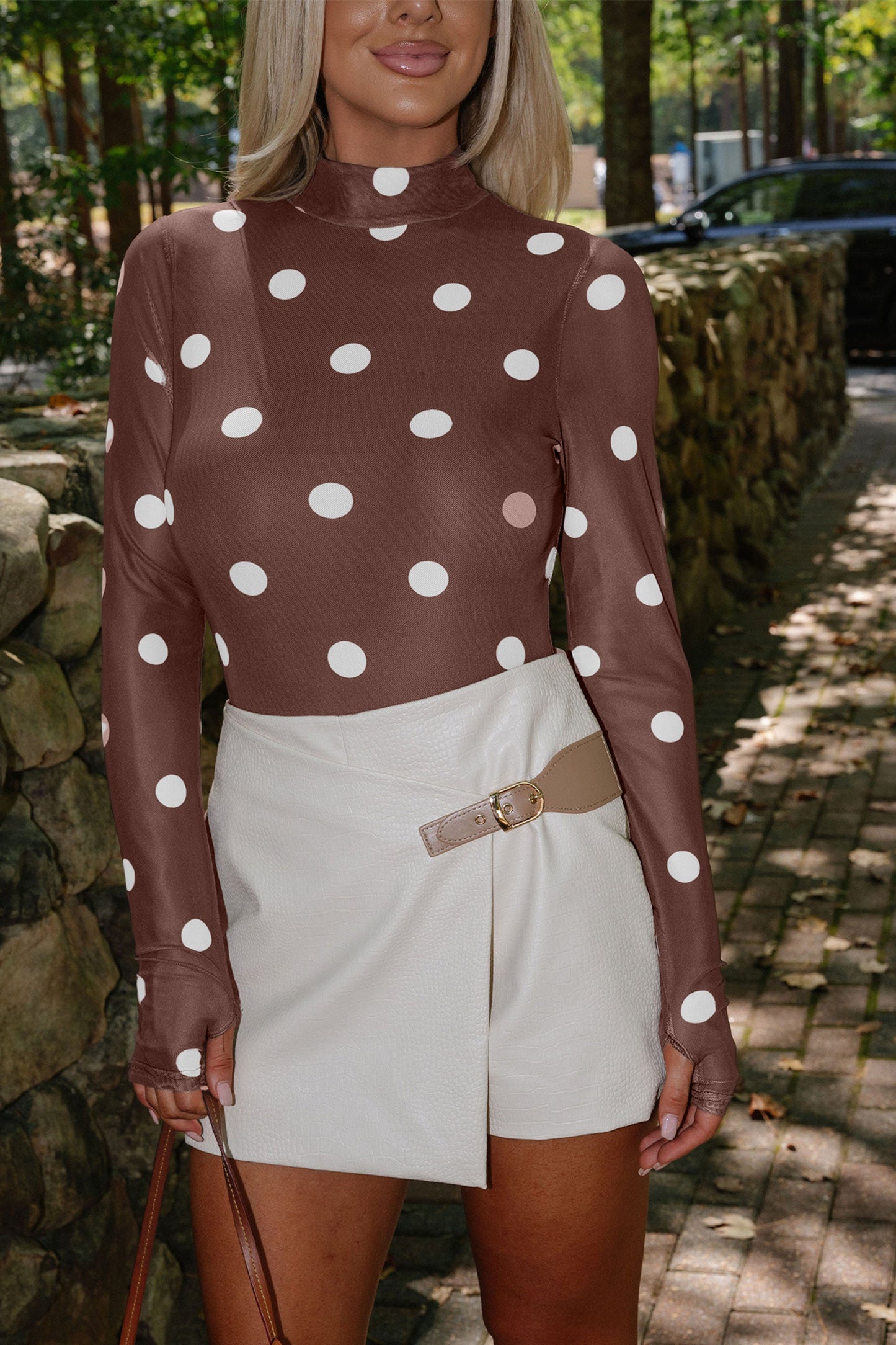Brown Vintage Polka Dot Print Mesh Long Sleeve Bodysuit - Snoopy's Closet