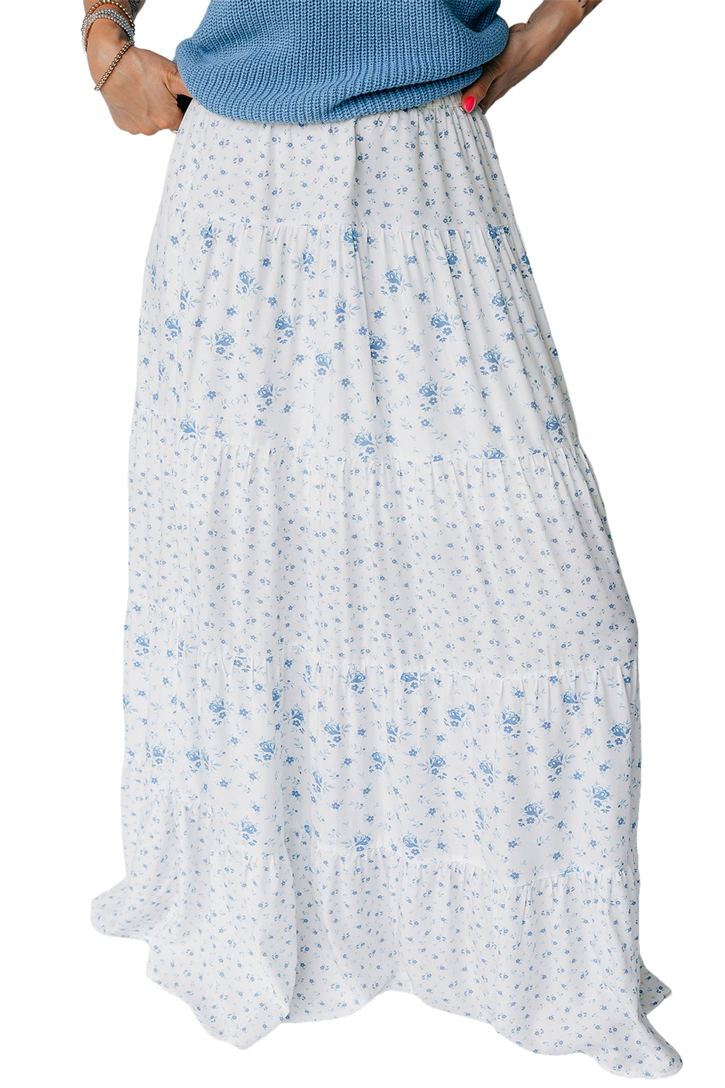 Falda larga bohemia de cintura alta azul cielo con estampado floral pequeño
