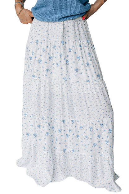 Falda larga bohemia de cintura alta azul cielo con estampado floral pequeño