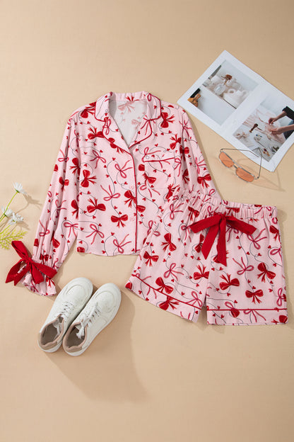 Red Bow Print Valentine Long Sleeve Shirt Shorts 2 Pcs Pajama Set - Snoopy's Closet