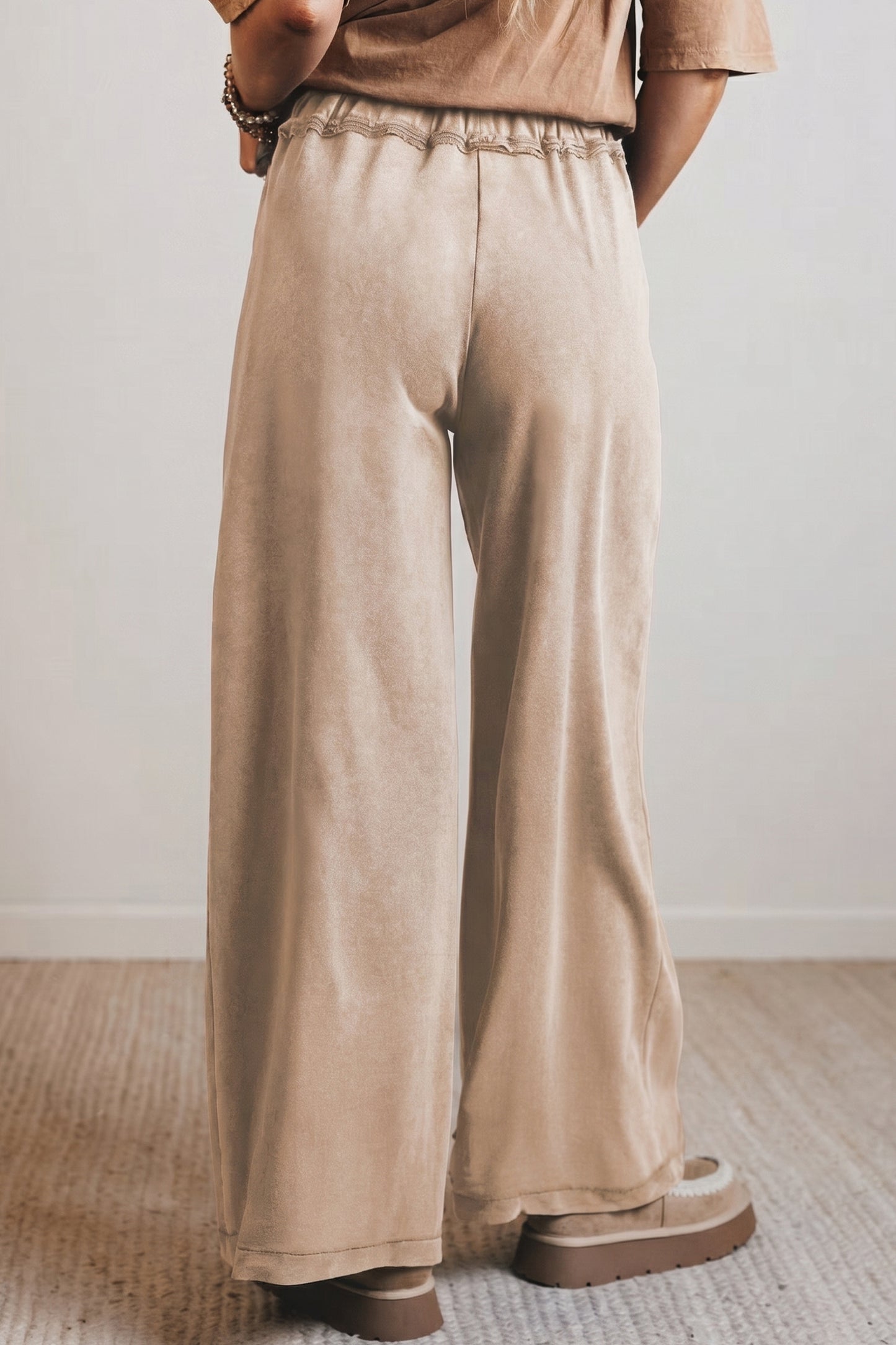 Pantalones Retro Western de Cintura Alta y Pierna Ancha con Cordón y Lavado Mineral Gris Humo