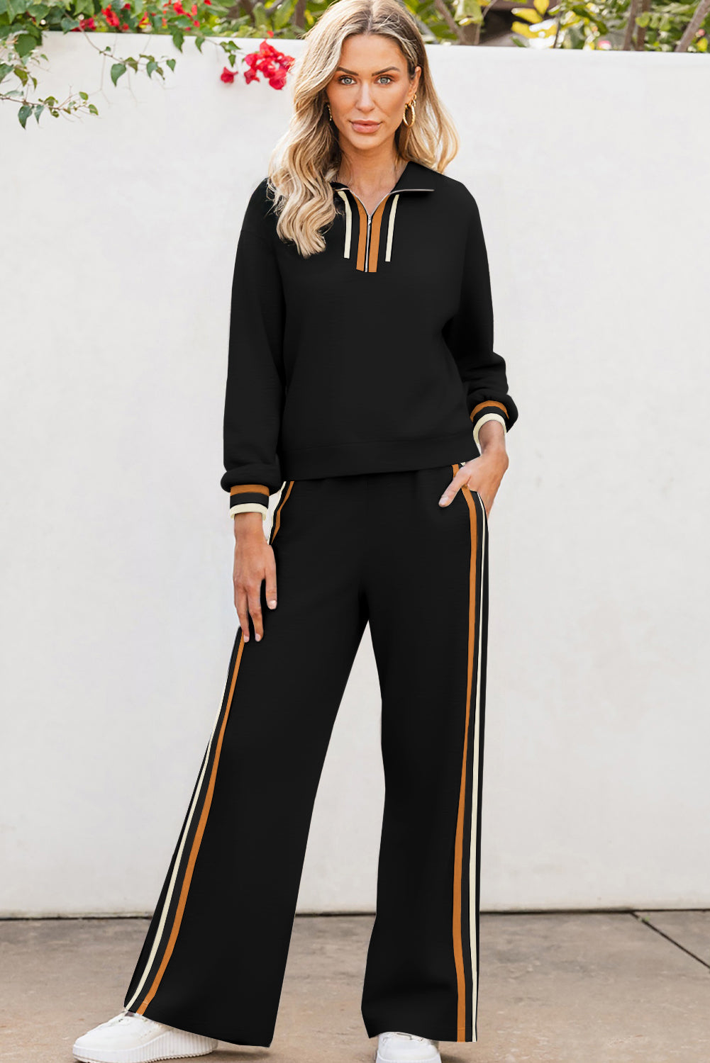 Gray Striped Patchwork Quarter Zip Pullover Loose Pant Set - Snoopy's Closet