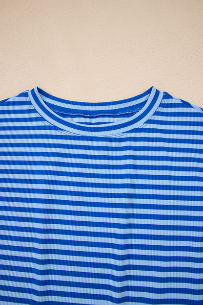 Sky Blue Stripe Ribbed Cap Sleeve Round Neck T Shirt - Snoopy's Closet