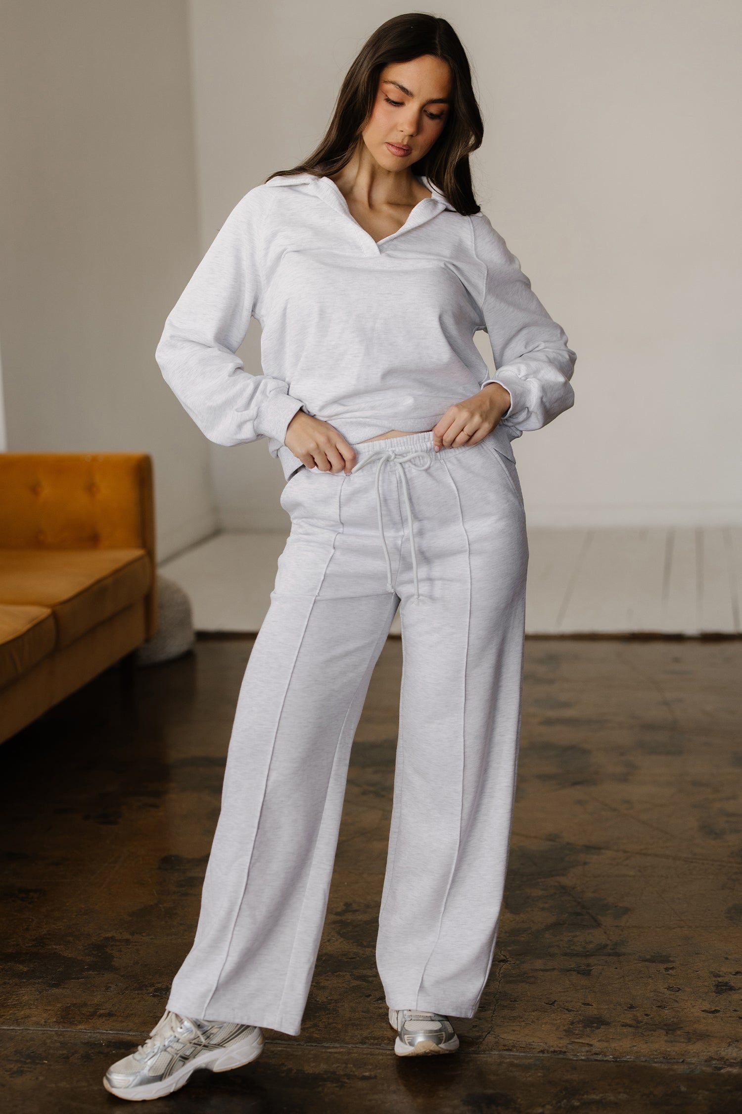 Light Grey Polo Collar V Neck Pullover and Drawstring Sweatpants Set - Snoopy's Closet