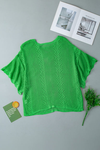 Green Pointelle Knit Scallop Edge Short Sleeve Top - Snoopy's Closet