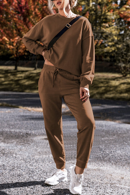 Coffee Solid Color High Low Pullover and Skinny Pants Set - Snoopy's Closet