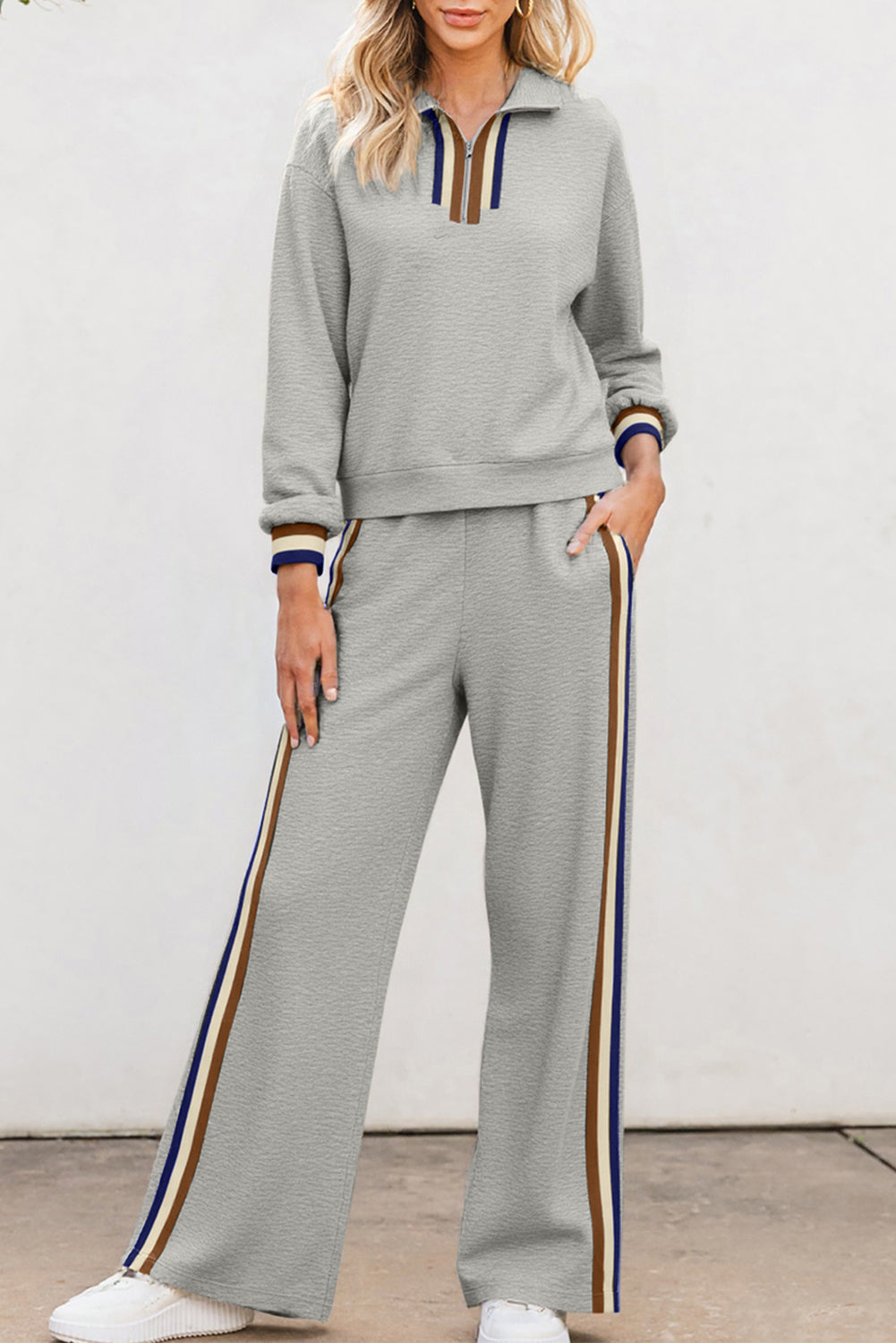 Gray Striped Patchwork Quarter Zip Pullover Loose Pant Set - Snoopy's Closet