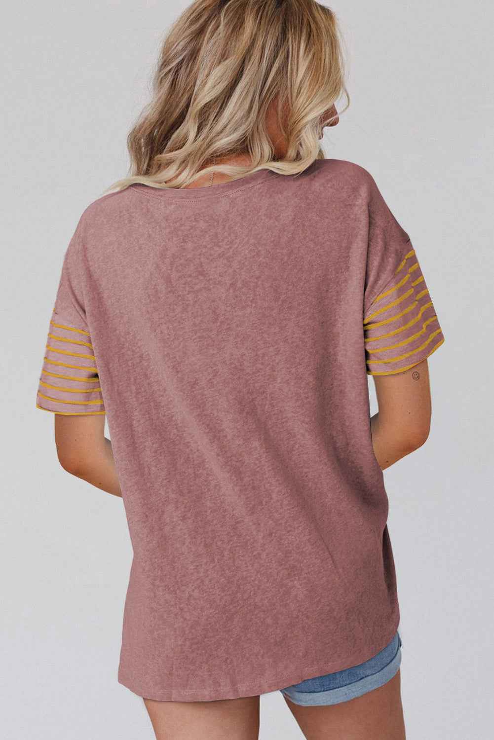 Tan Color Block Striped Detail Loose T Shirt