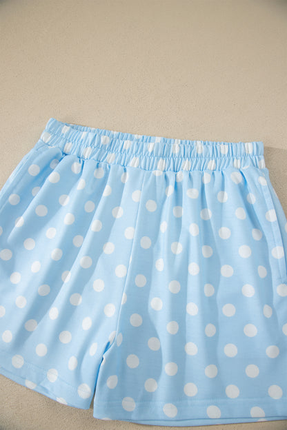 Sky Blue Polka Dot Print Color Block Trim Mock Neck Short Set - Snoopy's Closet