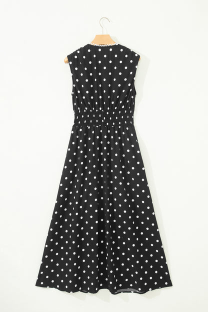 Vestido sin mangas con cremallera, cuello en V, ribete en contraste y estampado de lunares negros