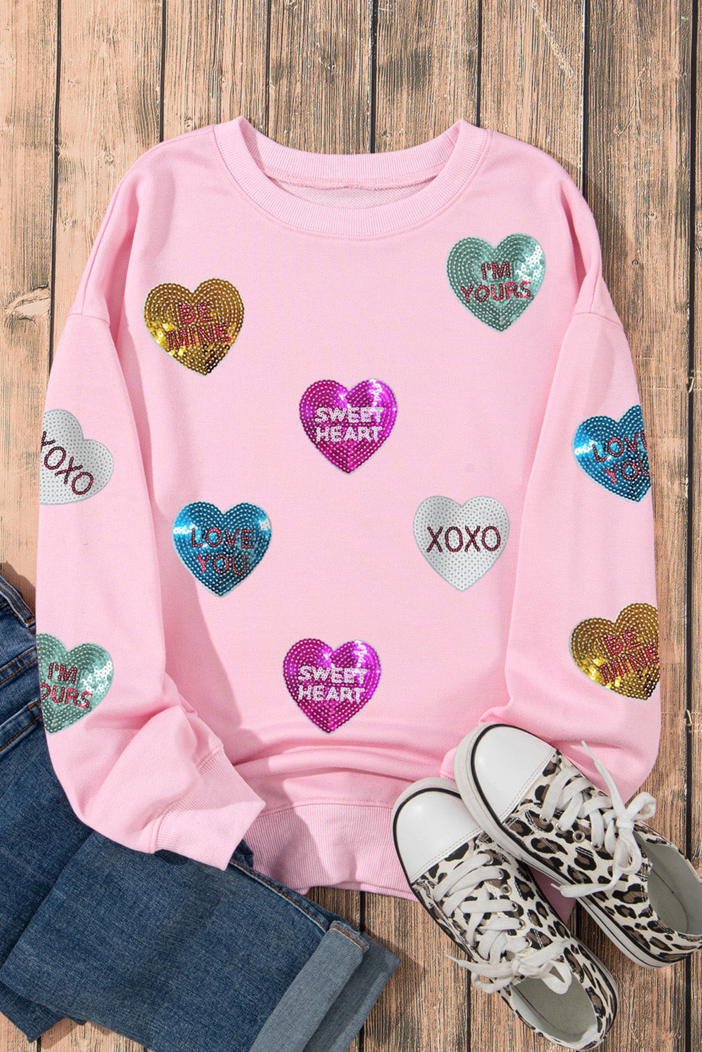 Sudadera de San Valentín con corazón gráfico y letras románticas de lentejuelas rosas