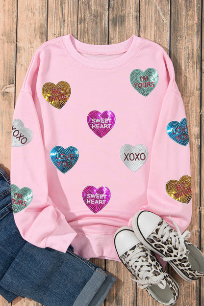 Sudadera de San Valentín con corazón gráfico y letras románticas de lentejuelas rosas