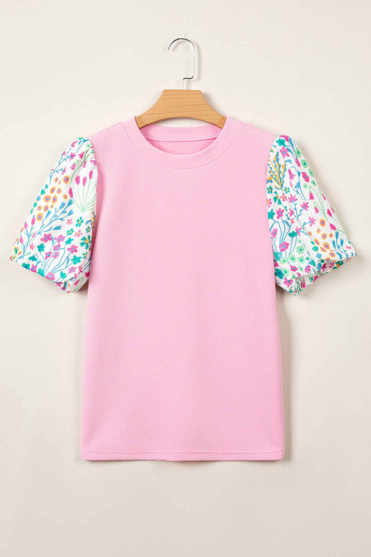 Pink Round Neck Textured Contrast Floral Bubble Sleeve Blouse