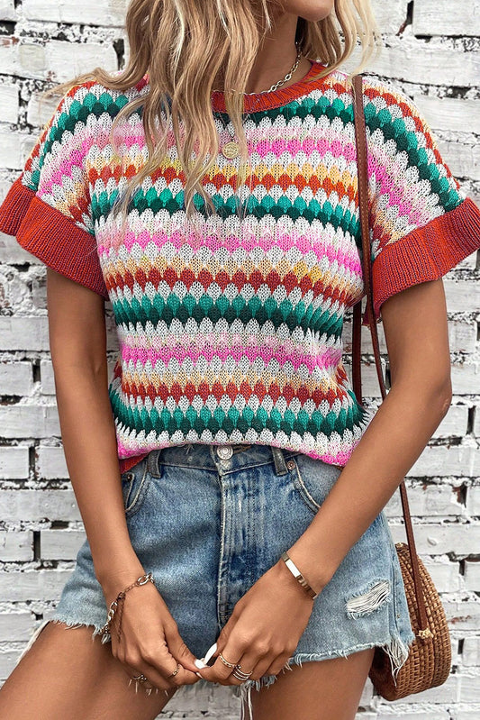 Fiery Red Trimmed Ruffle Sleeve Colorful Textured Sweater - Snoopy's Closet