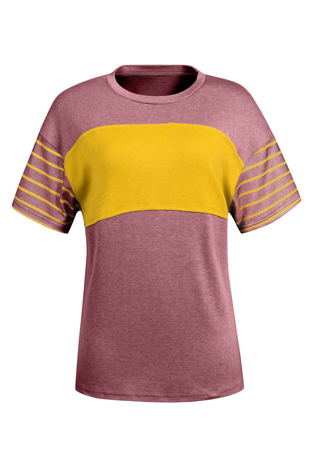 Tan Color Block Striped Detail Loose T Shirt