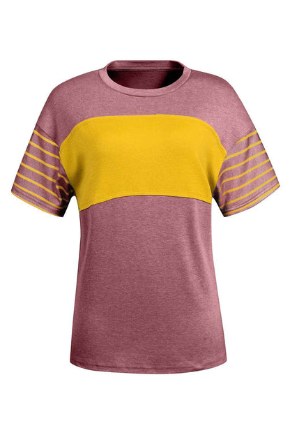 Tan Color Block Striped Detail Loose T Shirt
