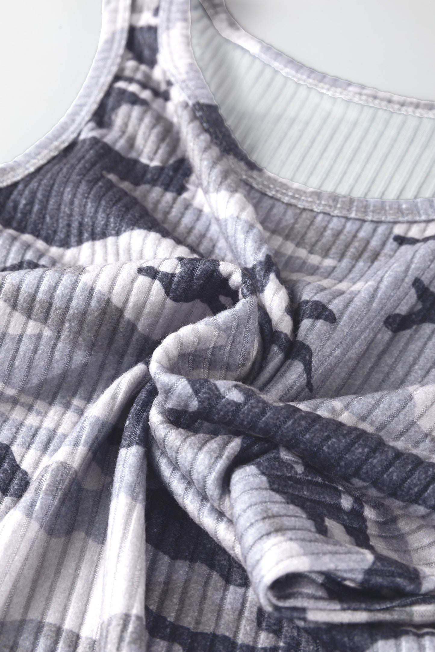 Gray Camouflage Print Ribbed Knit Round Neck Tank Top - Snoopy's Closet
