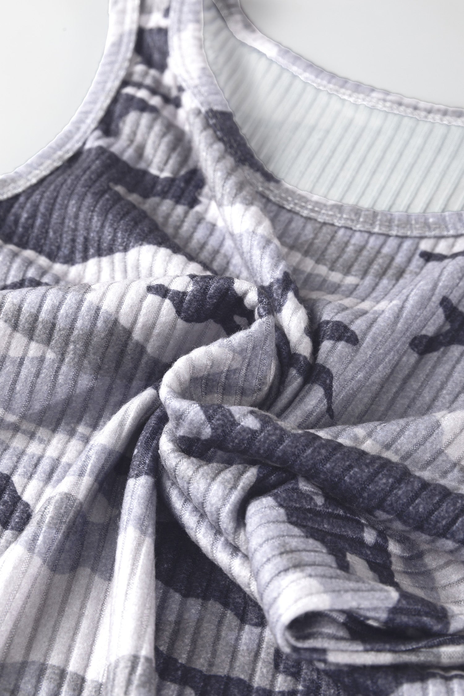 Gray Camouflage Print Ribbed Knit Round Neck Tank Top - Snoopy's Closet