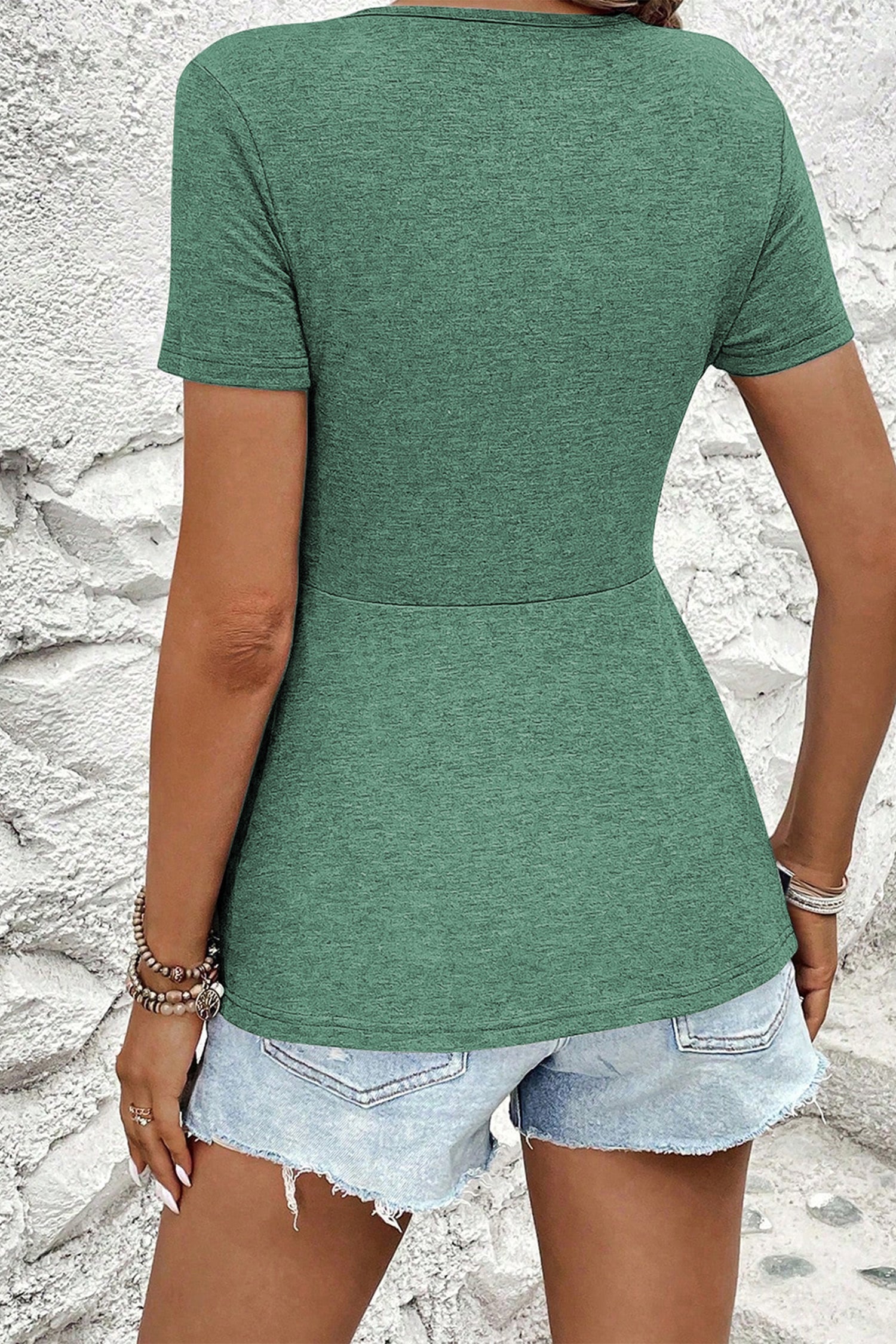 Green Bay Twist Knot V Neck Short Sleeve Blouse - Snoopy's Closet