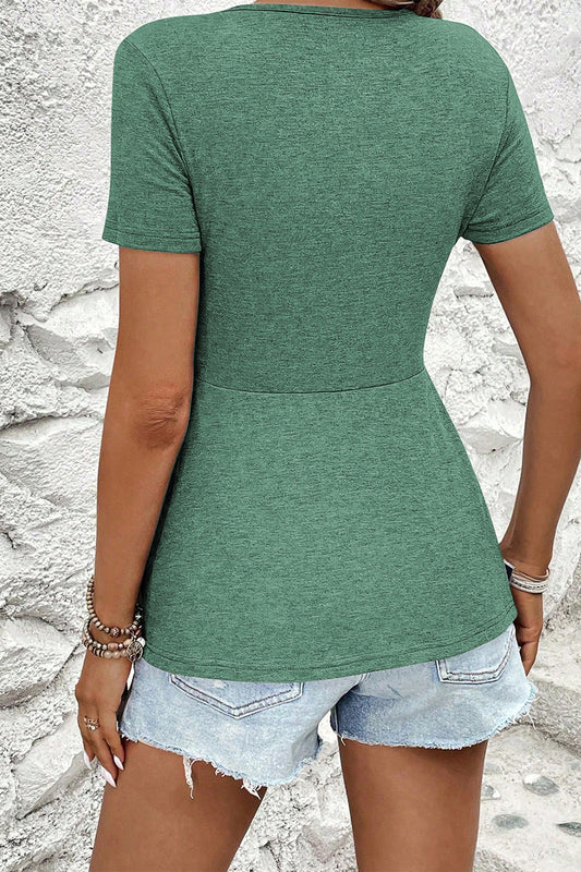 Green Bay Twist Knot V Neck Short Sleeve Blouse - Snoopy's Closet