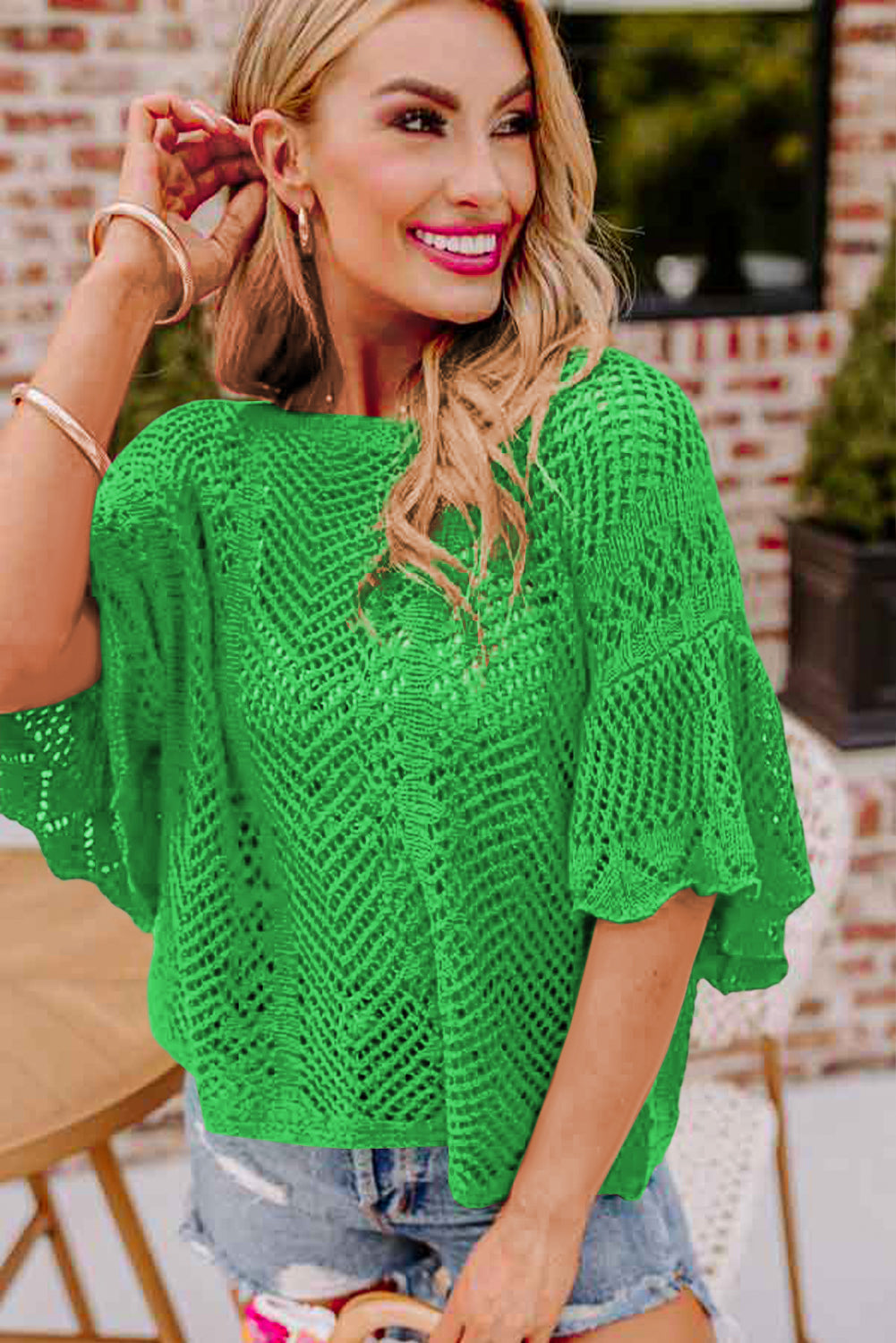 Green Pointelle Knit Scallop Edge Short Sleeve Top - Snoopy's Closet