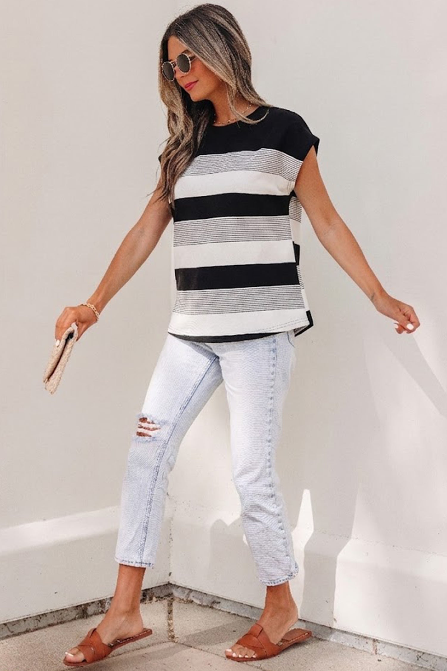Black Stripe Mixed Print Crew Neck Cap Sleeve T Shirt - Snoopy's Closet