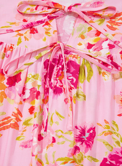 Pink Floral Print Tie Neck Puffy Half Sleeve Blouse - Snoopy's Closet