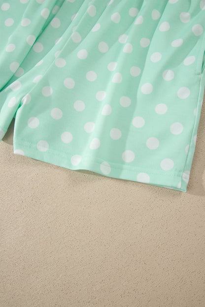 Sky Blue Polka Dot Print Color Block Trim Mock Neck Short Set - Snoopy's Closet