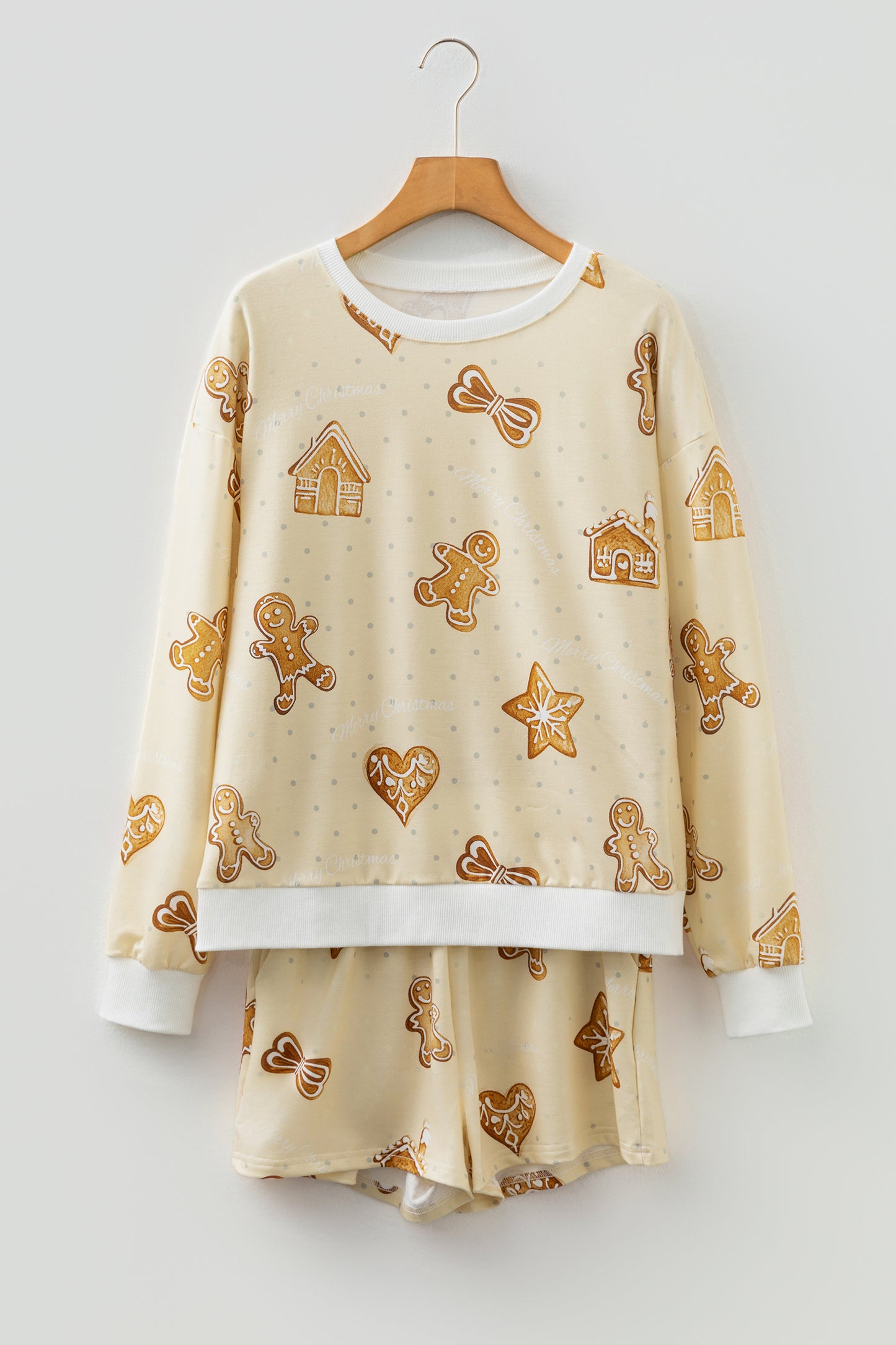 Beige Gingerbread Man Christmas Print Long Sleeve Pullover Lounge Short Set - Snoopy's Closet