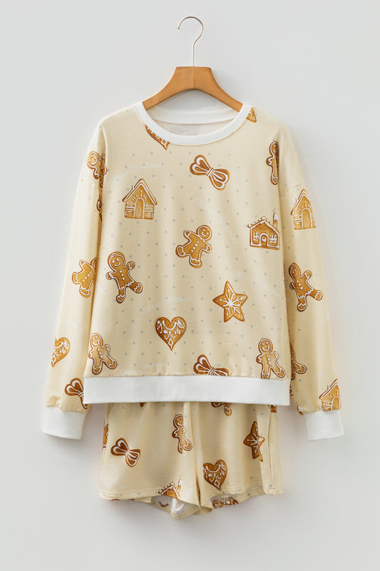 Beige Gingerbread Man Christmas Print Long Sleeve Pullover Lounge Short Set - Snoopy's Closet