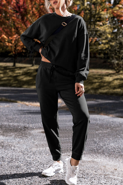Black Solid Color High Low Pullover and Skinny Pants Set - Snoopy's Closet