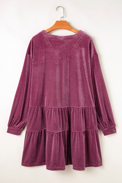 Vestido de Terciopelo Texturizado con Botones y Volantes Talla Grande Color Malva Prado
