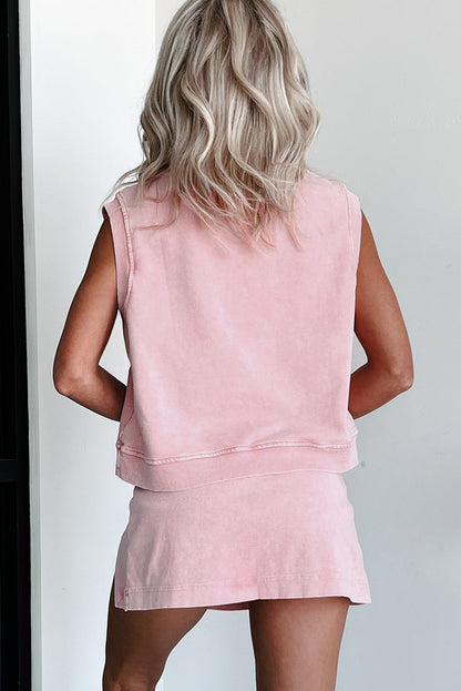 Light Pink 2 Pieces Mineral Wash Cotton Tank Top Lined Split Skirt Set - Snoopy's Closet