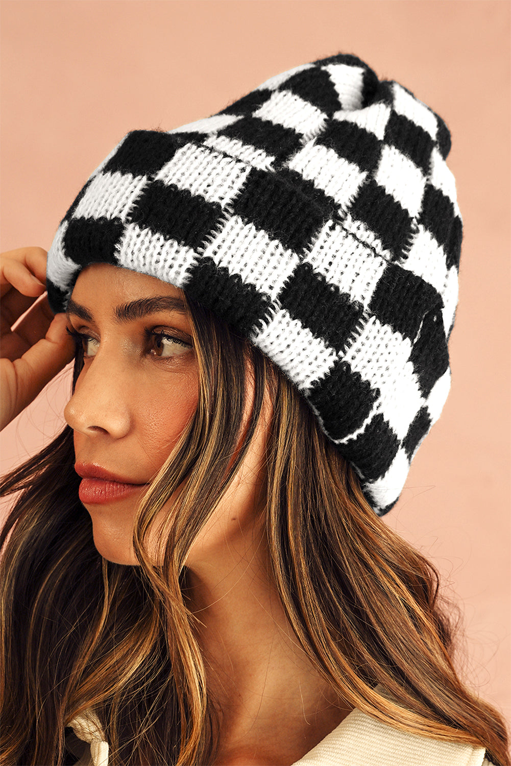 Gorro Beanie sin visera a cuadros de dos tonos negro