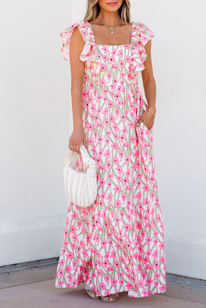 Vestido largo con estampado floral rosa, escote cuadrado y tirantes con volantes