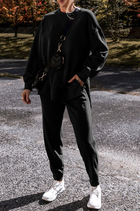 Black Solid Color High Low Pullover and Skinny Pants Set - Snoopy's Closet