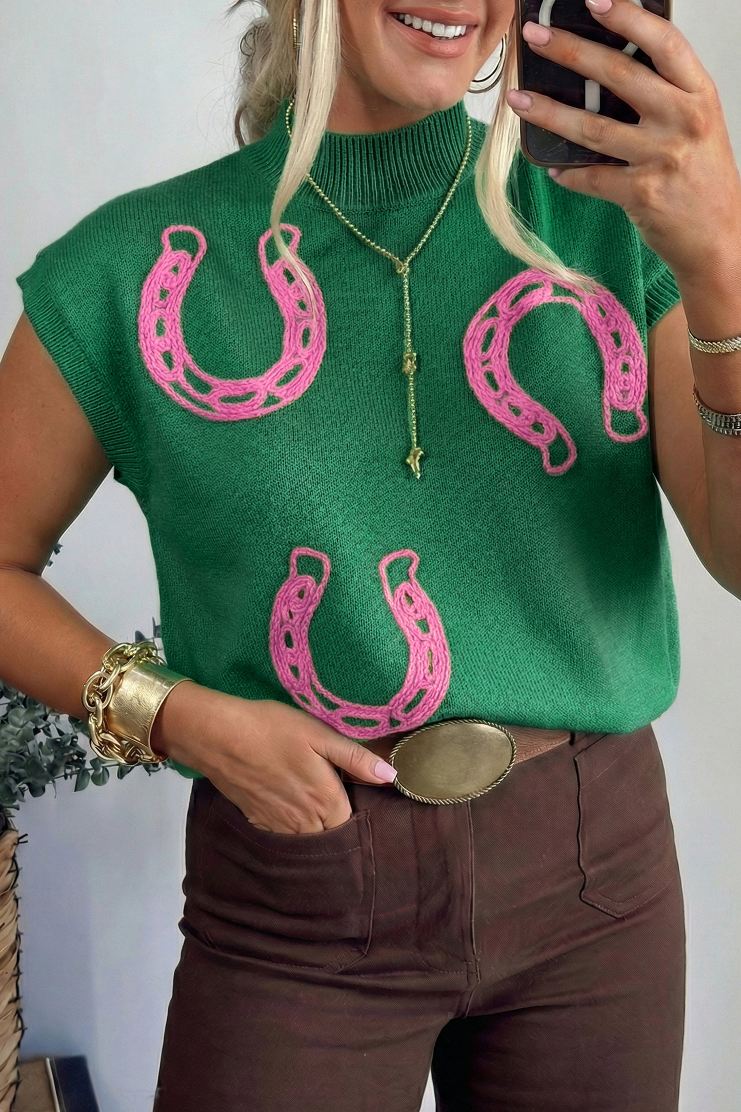 Suéter de manga corta con cuello simulado, ribete acanalado y herraduras con cordones en verde brillante