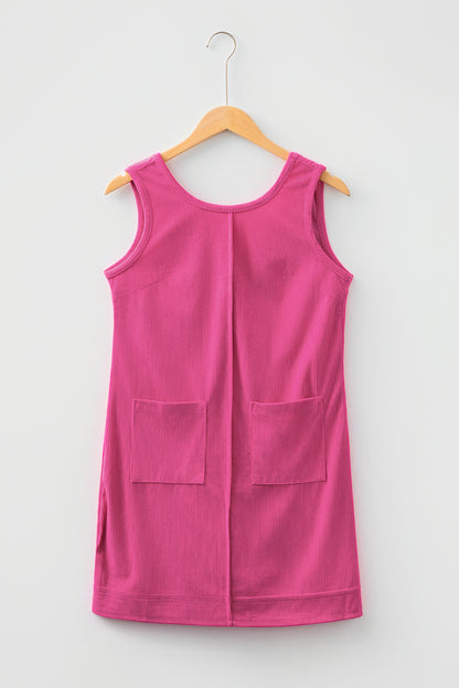 Minivestido sin mangas de pana rojo rosa con bolsillos de parche