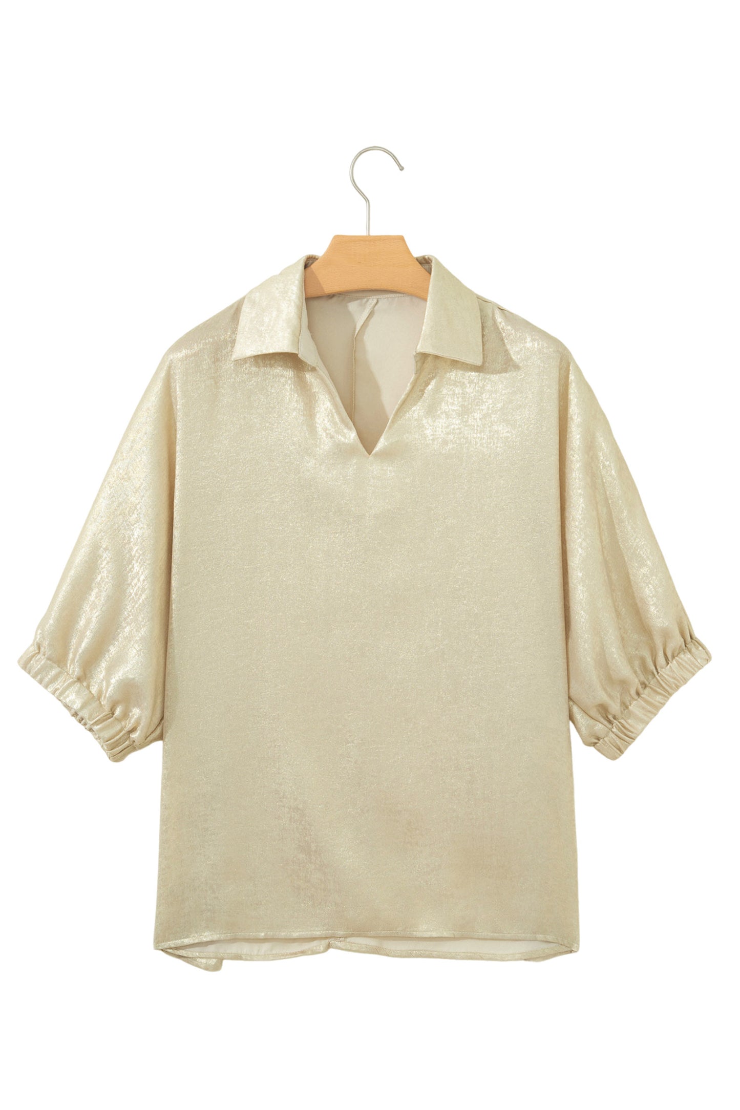 Top metálico beige de cuello y escote en V con media manga