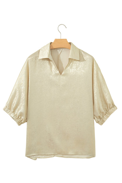 Top metálico beige de cuello y escote en V con media manga